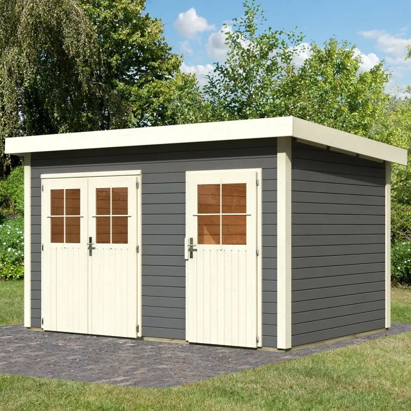 Abri de jardin en bois massif gris terre 8,88m² avec cloison intérieure Tintrup – Karibu Ma boutique