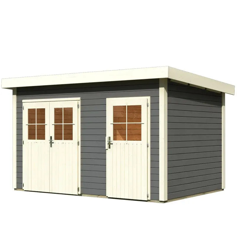 Abri de jardin en bois massif gris terre 8,88m² avec cloison intérieure Tintrup – Karibu Ma boutique