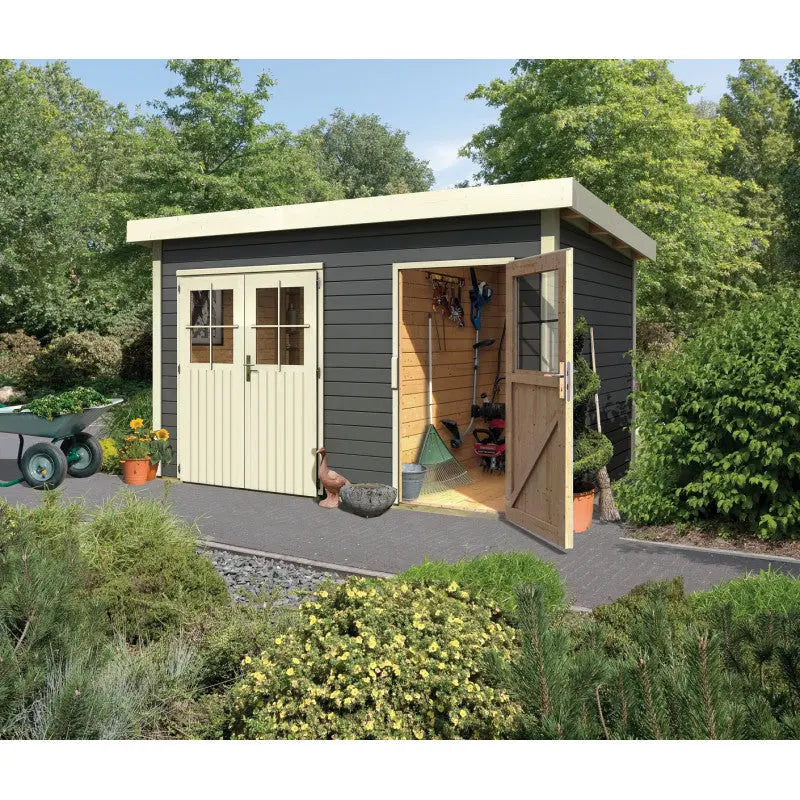 Abri de jardin en bois massif gris terre 8,88m² avec cloison intérieure Tintrup – Karibu Ma boutique