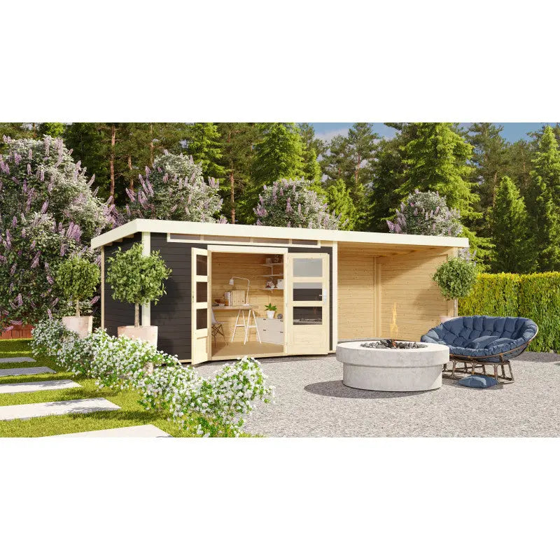 Abri de jardin en bois massif gris terre 8,88m² Kandern 7 avec appentis 320cm et paroi arrière – Karibu Ma boutique