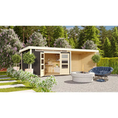 Abri de jardin en bois massif gris terre 8,88m² Kandern 7 avec appentis 320cm et paroi arrière – Karibu Ma boutique