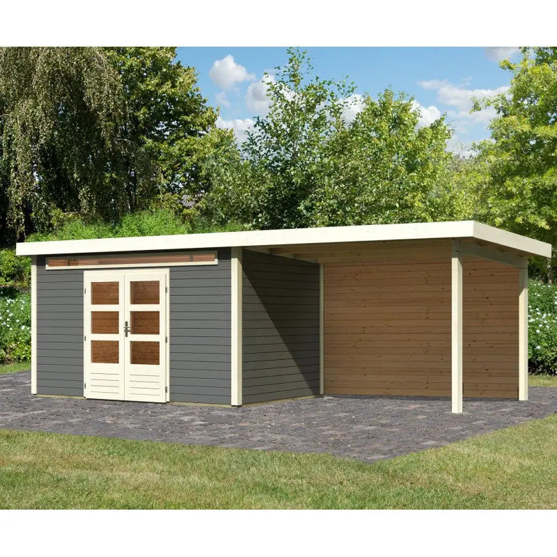 Abri de jardin en bois massif gris terre 8,88m² Kandern 7 avec appentis 320cm et paroi arrière – Karibu Ma boutique