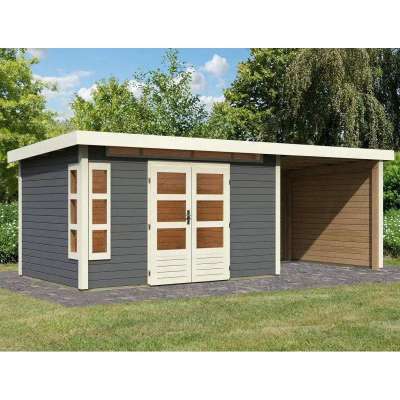 Abri de jardin en bois massif gris terre 8,88m² Kastorf 7 avec appentis 260cm et paroi arrière et latérale – Karibu Ma boutique