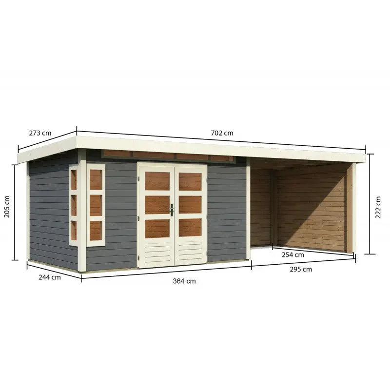 Abri de jardin en bois massif gris terre 8,88m² Kastorf 7 avec appentis 320cm et paroi arrière et latérale – Karibu Ma boutique