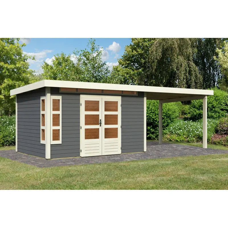 Abri de jardin en bois massif gris terre 8,88m² Kastorf 7 avec appentis 320cm – Karibu Ma boutique