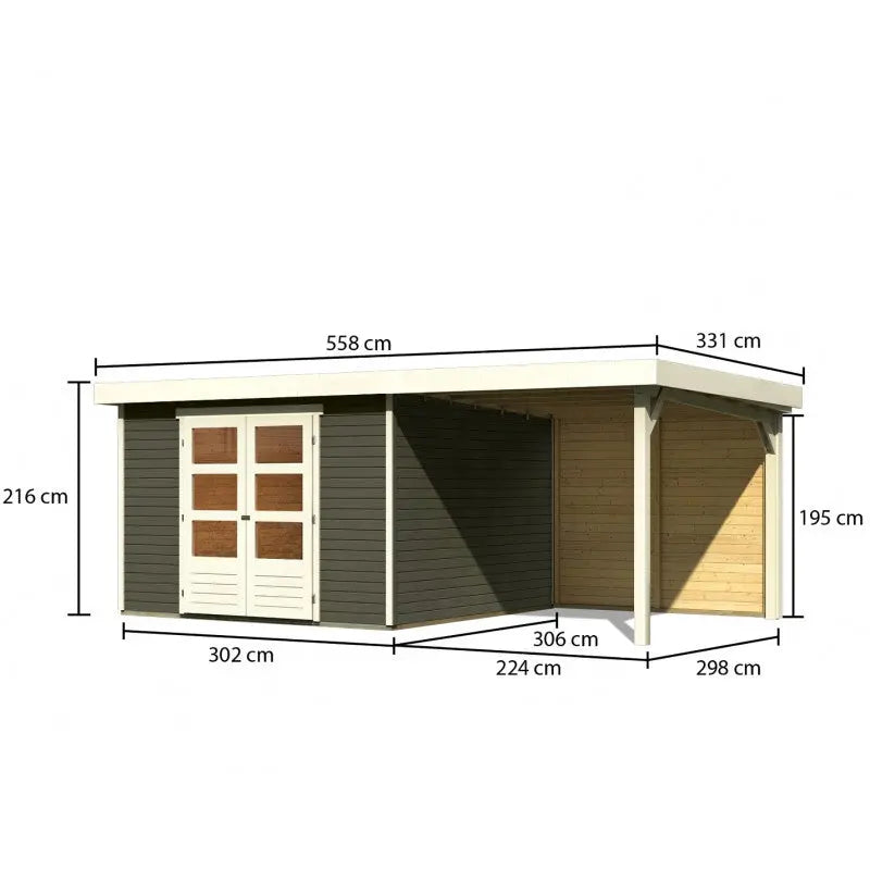 Abri de jardin en bois massif gris terre 9,24m² Askola 6 avec appentis 240cm et paroi arrière - Karibu Ma boutique