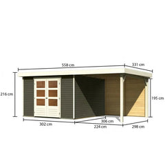 Abri de jardin en bois massif gris terre 9,24m² Askola 6 avec appentis 240cm et paroi arrière - Karibu Ma boutique