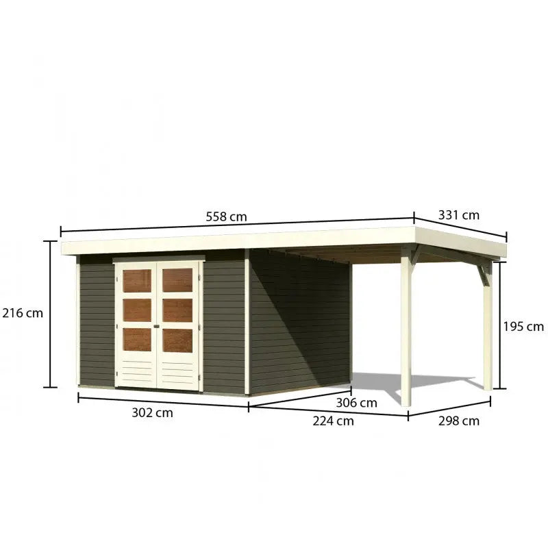 Abri de jardin en bois massif gris terre 9,24m² Askola 6 avec appentis 240cm - Karibu Ma boutique