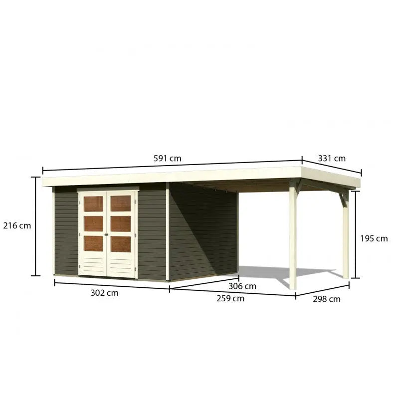 Abri de jardin en bois massif gris terre 9,24m² Askola 6 avec appentis 280cm – Karibu Ma boutique