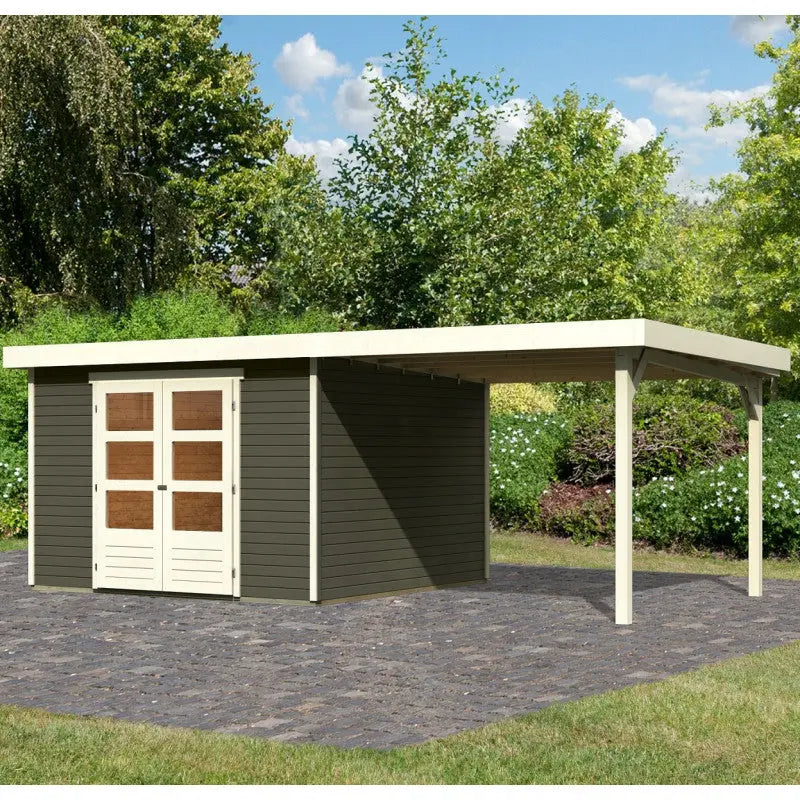 Abri de jardin en bois massif gris terre 9,24m² Askola 6 avec appentis 280cm – Karibu Ma boutique