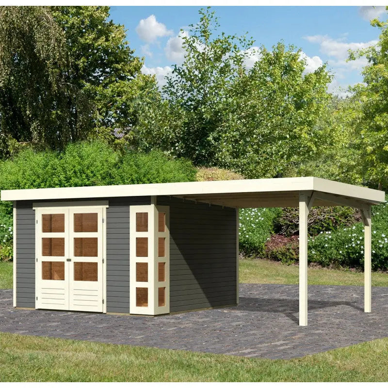 Abri de jardin en bois massif gris terre 9,24m² Kerko 6 avec appentis 280cm – Karibu Ma boutique