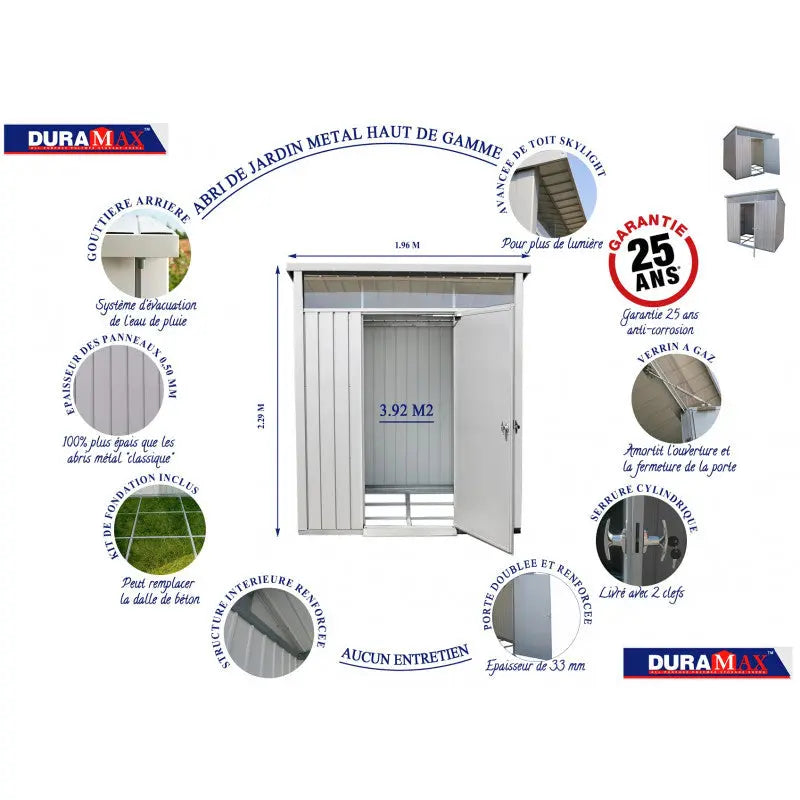 Abri de jardin en métal gris 3,92m² + kit d'ancrage + kit de fondation DURAMAX Ma boutique
