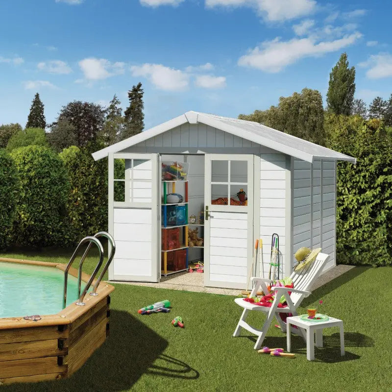 Abri de jardin en PVC 4,9m² DECO blanc et gris vert Grosfillex + kit ancrage offert Ma boutique