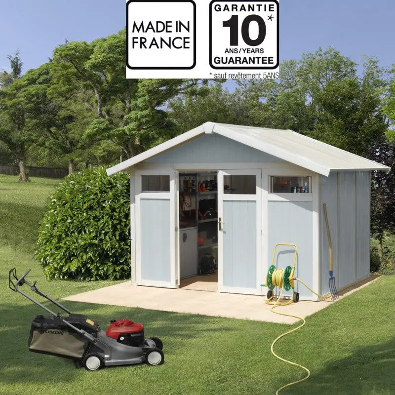 Abri de jardin en PVC 7,53m² UTILITY blanc et gris bleu Grosfillex + kit ancrage offert Ma boutique
