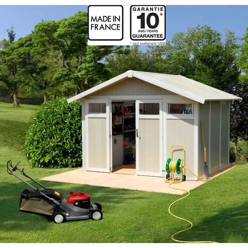 Abri de jardin en PVC 7,53m² UTILITY blanc et gris vert Grosfillex + kit ancrage offert Ma boutique