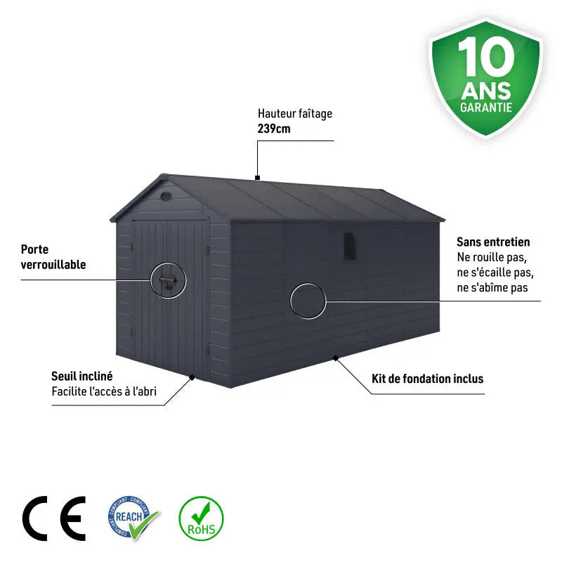 Abri de jardin en résine anthracite 11m² + kit de fondation - JOBU Ma boutique