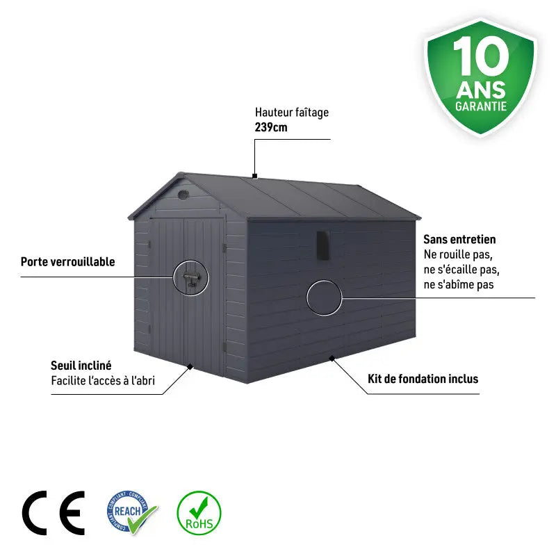 Abri de jardin en résine anthracite 8,90m² + kit de fondation - JOBU Ma boutique