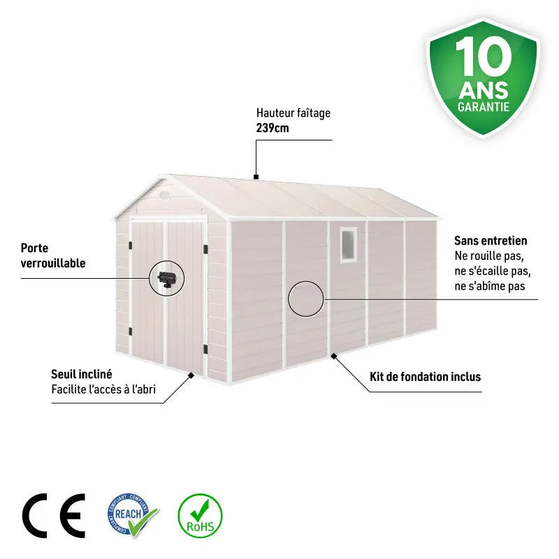 Abri de jardin en résine beige 11m² + kit de fondation - JOBU Ma boutique