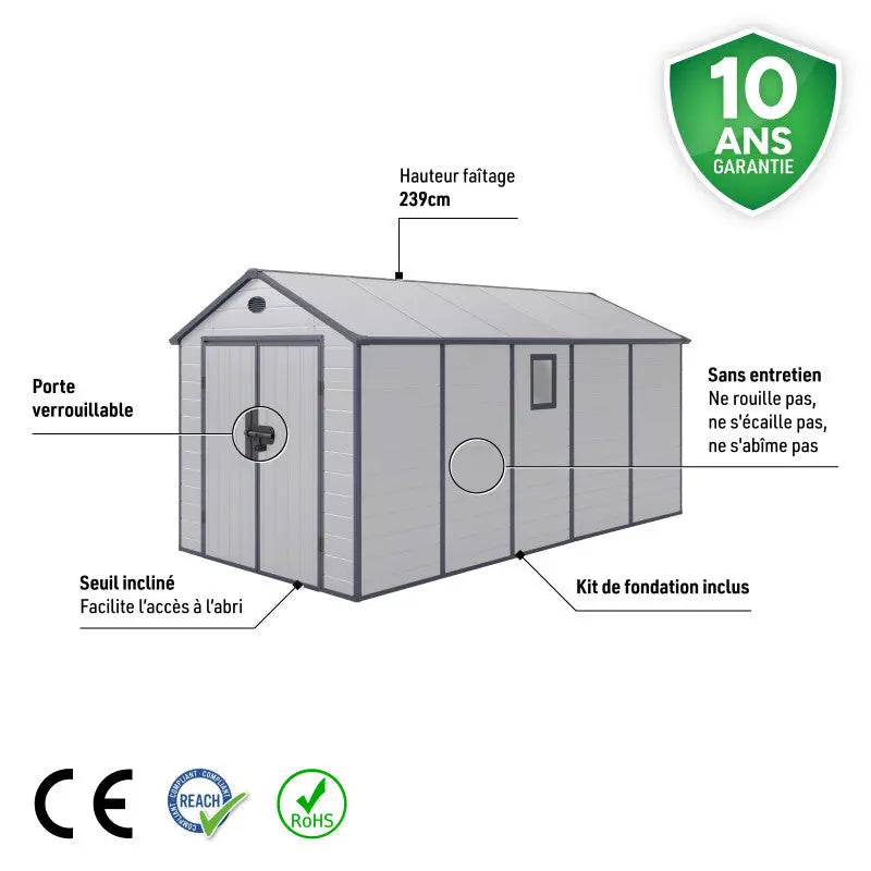 Abri de jardin en résine gris 11m² + kit de fondation - JOBU Ma boutique