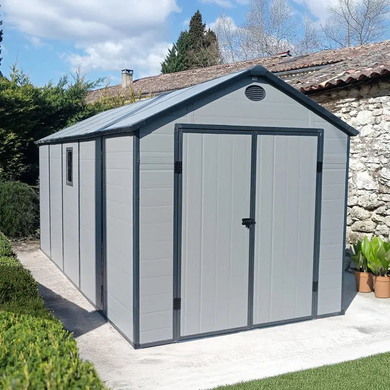 Abri de jardin en résine gris 11m² + kit de fondation - JOBU Ma boutique