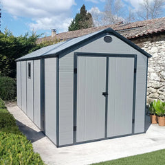 Abri de jardin en résine gris 11m² + kit de fondation - JOBU Ma boutique