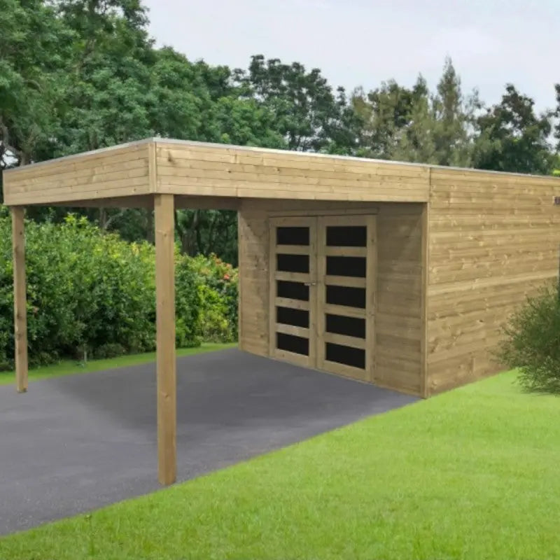 Abri de jardin Matera 8,69m² en bois traité autoclave 19mm avec terrasse couverte - SOLID Ma boutique