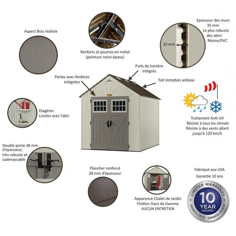 Abri de jardin polyéthylène 35mm 5,53m² Woodgrain + plancher SUNCAST Ma boutique