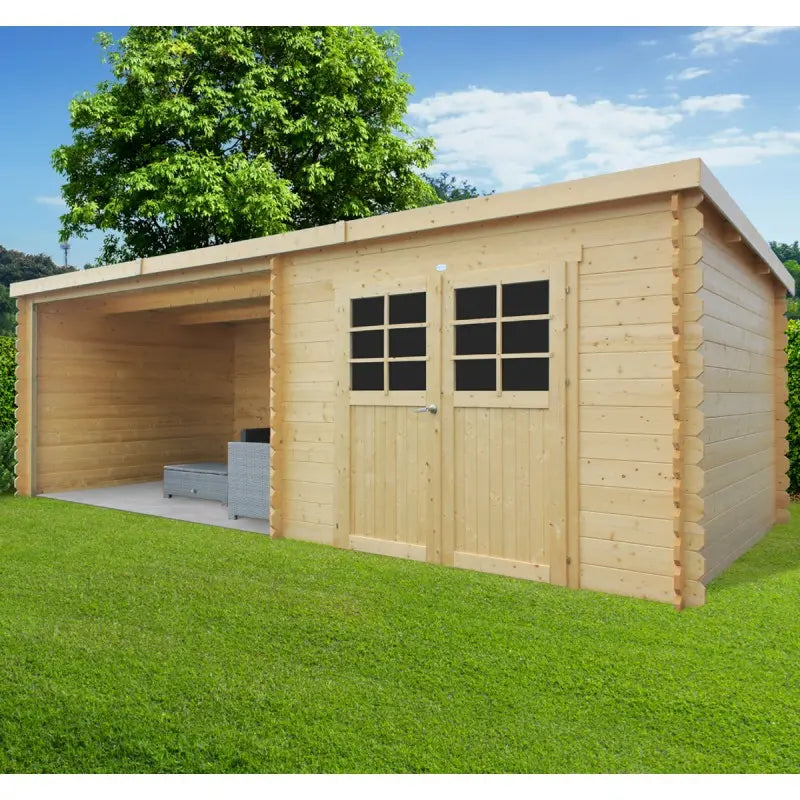 Abri de jardin Rohan 8,88m² en bois massif 28mm avec terrasse couverte - SOLID Ma boutique
