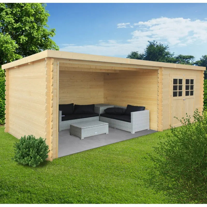 Abri de jardin Rohan 8,88m² en bois massif 28mm avec terrasse couverte - SOLID Ma boutique