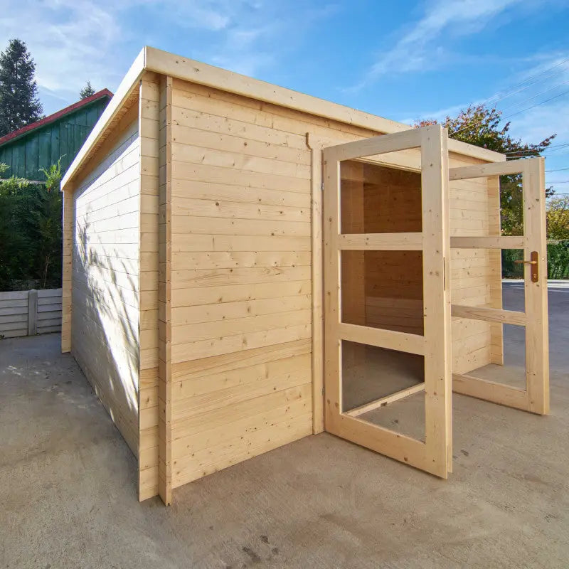 Abri de jardin toit plat 12m² PENTY - madriers 28mm brut - Gardy Shelter Ma boutique