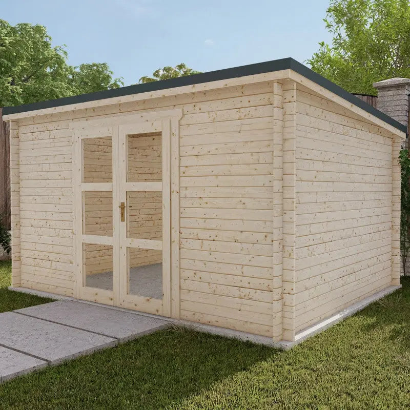 Abri de jardin toit plat 12m² PENTY - madriers 40mm brut - tuiles métalliques - Gardy Shelter Ma boutique