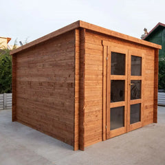 Abri de jardin toit plat 9m² PENTY - madriers 28mm traité - tuiles métalliques - Gardy Shelter Ma boutique