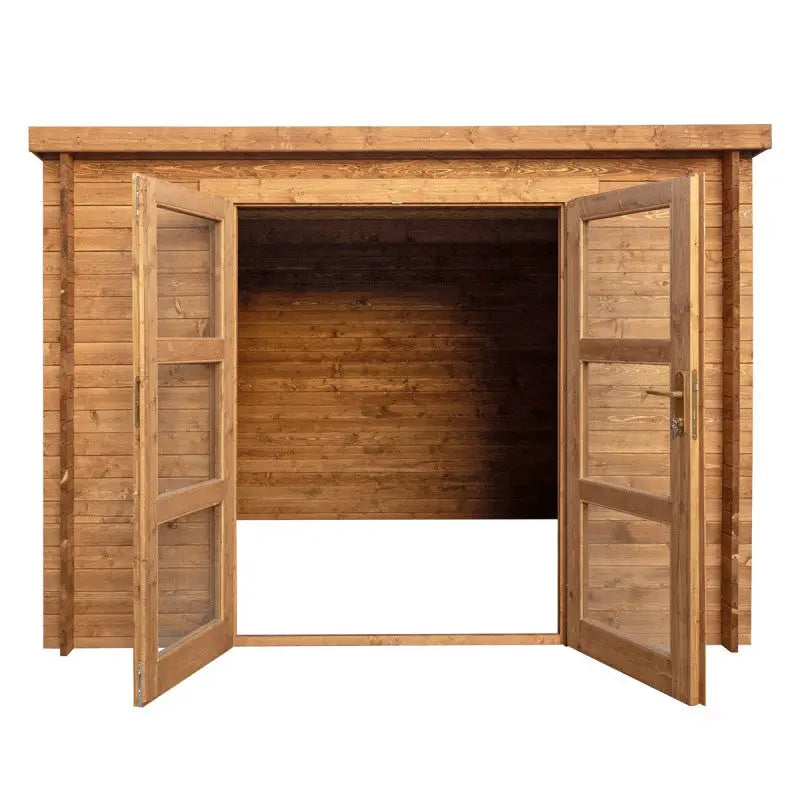 Abri de jardin toit plat 9m² PENTY - madriers 28mm traité - tuiles métalliques - Gardy Shelter Ma boutique