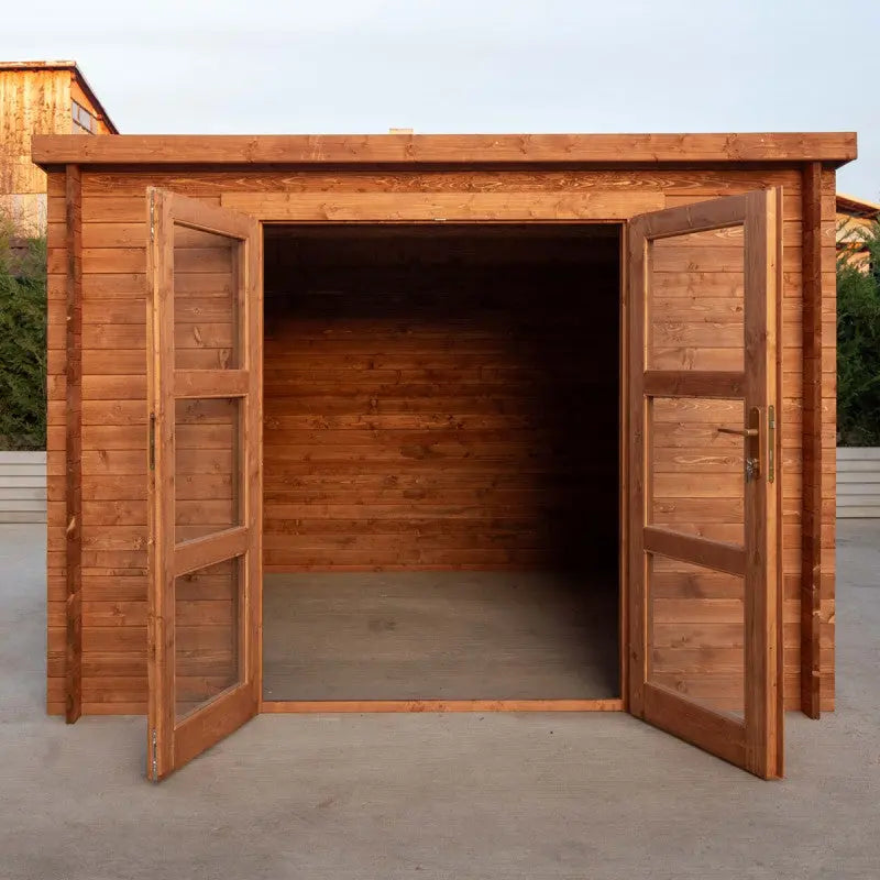 Abri de jardin toit plat 9m² PENTY - madriers 28mm traité - tuiles métalliques - Gardy Shelter Ma boutique