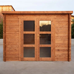 Abri de jardin toit plat 9m² PENTY - madriers 28mm traité - tuiles métalliques - Gardy Shelter Ma boutique