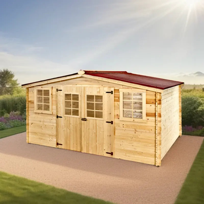 Abri en bois massif 12m² – madriers 28mm + couverture plaques ondulées - Habrita Ma boutique