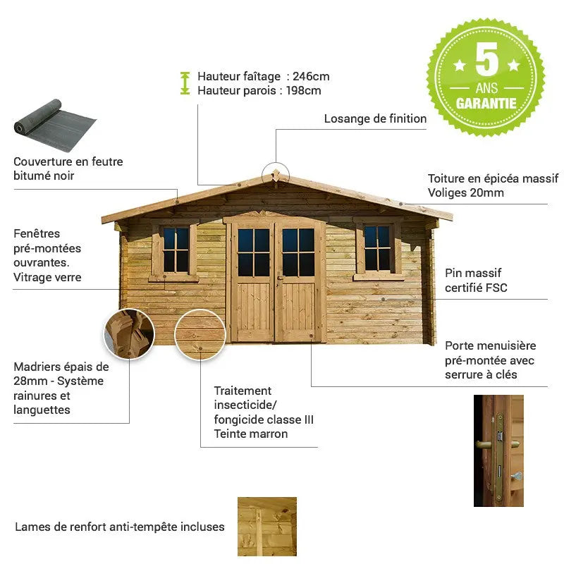 Abri en bois massif 16m² PLUS 28mm traité teinté marron Gardy Shelter Ma boutique