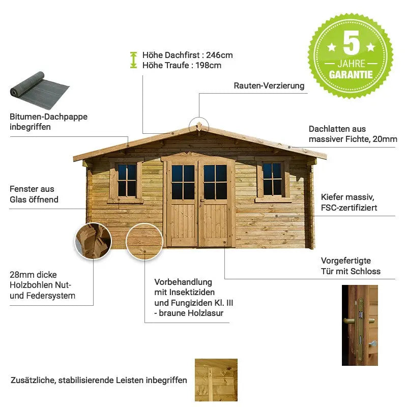 Abri en bois massif 16m² PLUS 28mm traité teinté marron Gardy Shelter Ma boutique