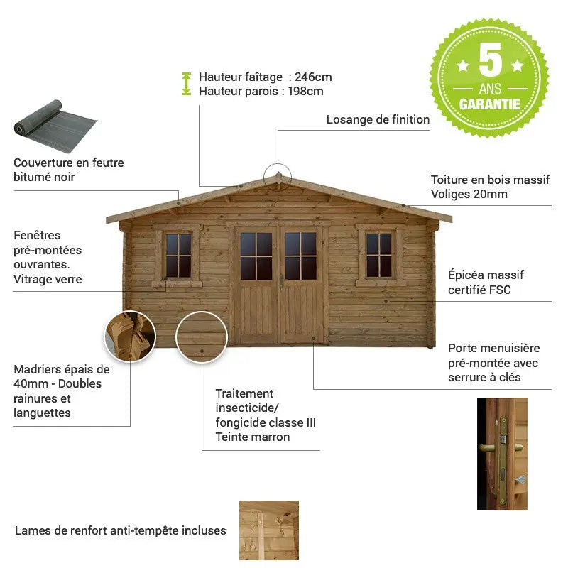 Abri en bois massif 19,8m² PLUS 40mm traité teinté marron Gardy Shelter Ma boutique