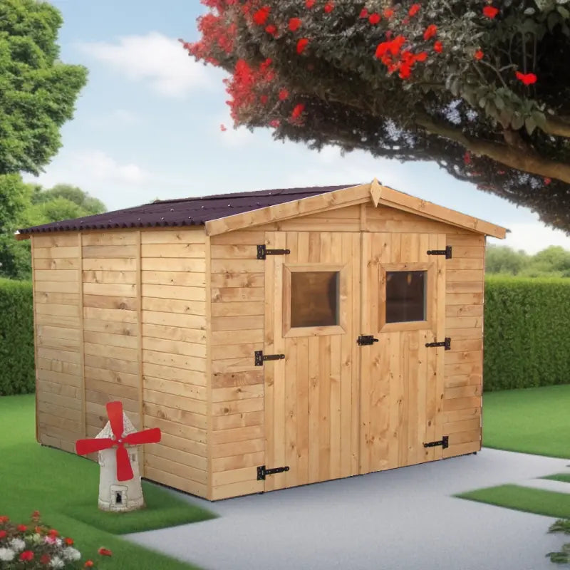 Abri en bois massif 5,76m² Habrita – panneaux 16mm + plancher + couverture plaques ondulées Ma boutique