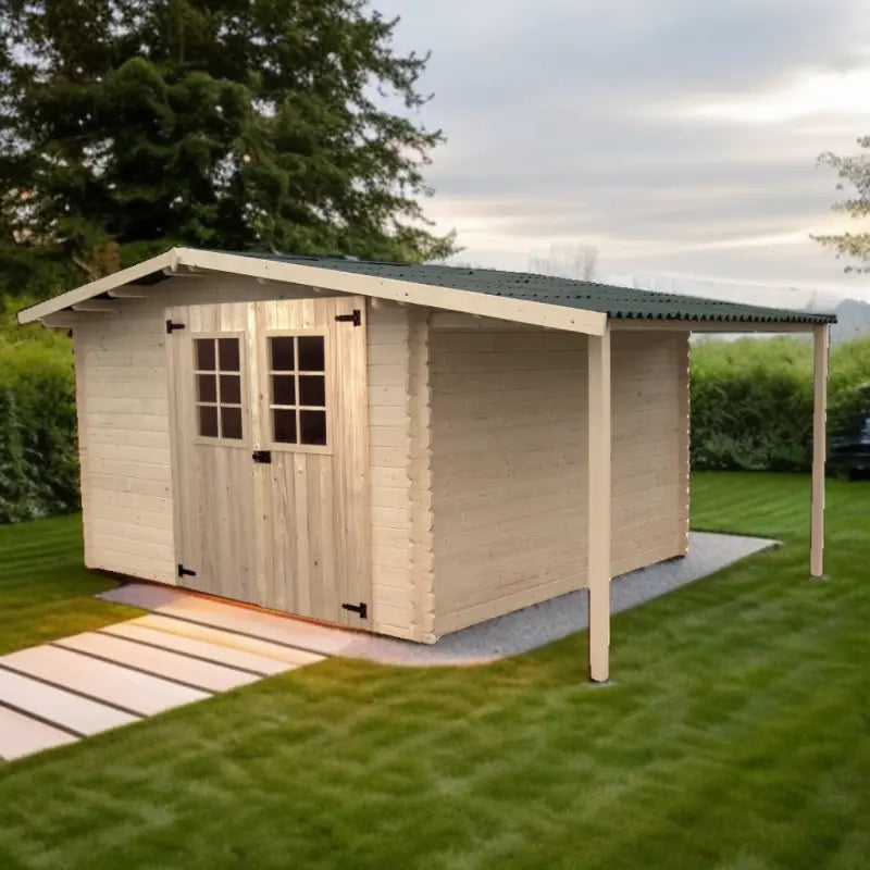Abri en bois massif 9,9m² + bûcher 3m² - 28mm + couverture ondulée - Habrita Ma boutique
