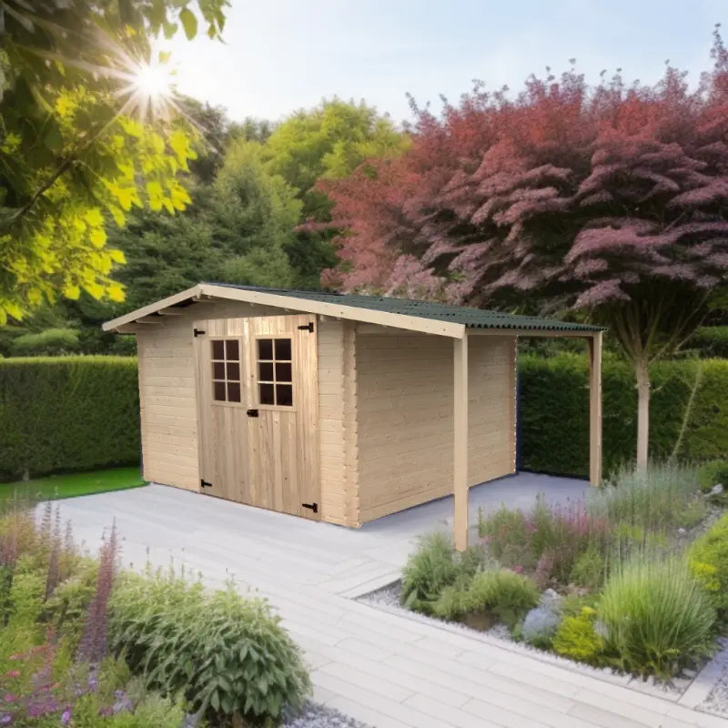 Abri en bois massif 9,9m² + bûcher 3m² - 28mm + couverture ondulée - Habrita Ma boutique