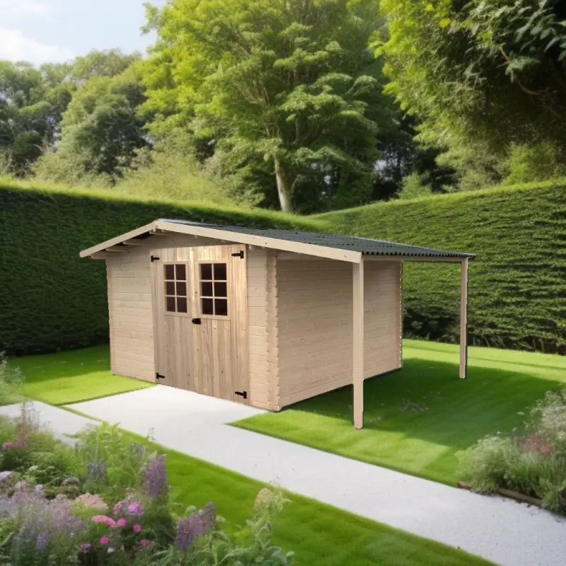 Abri en bois massif 9,9m² + bûcher 3m² - 28mm + couverture ondulée - Habrita Ma boutique