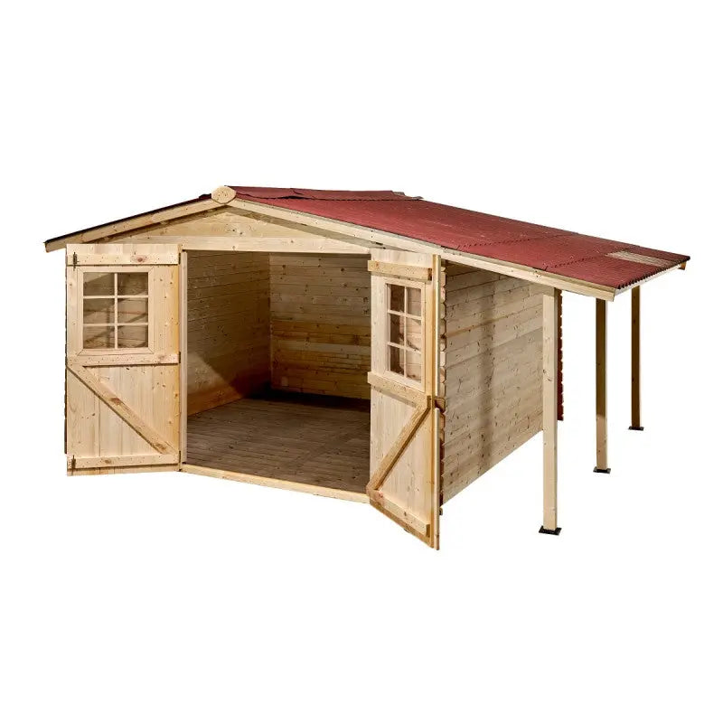 Abri en bois massif 9,9m² + bûcher 3m² - 28mm + couverture ondulée - Habrita Ma boutique