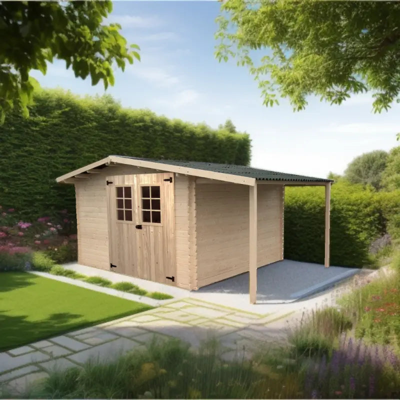 Abri en bois massif 9,9m² + bûcher 3m² - 28mm + couverture ondulée - Habrita Ma boutique