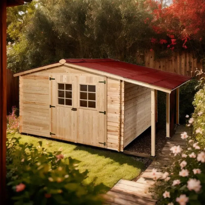Abri en bois massif 9,9m² + bûcher 3m² - 28mm + couverture ondulée - Habrita Ma boutique