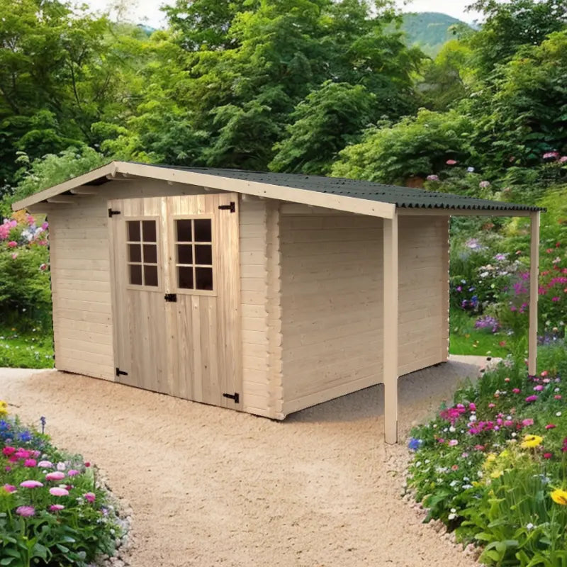 Abri en bois massif 9,9m² + bûcher 3m² - 28mm + couverture ondulée - Habrita Ma boutique
