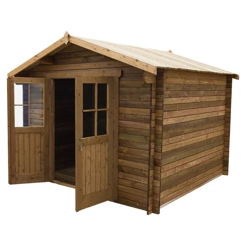 Abri en bois massif 9m² PLUS 28mm traité teinté marron Gardy Shelter Ma boutique