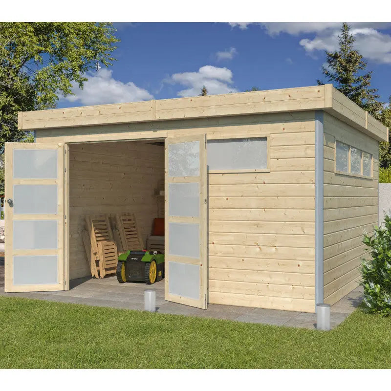Abri Kasuko L 14,82m² en bois massif 28mm avec profils de coins en aluminium + porte et 2 fenêtres – Gardenas Ma boutique