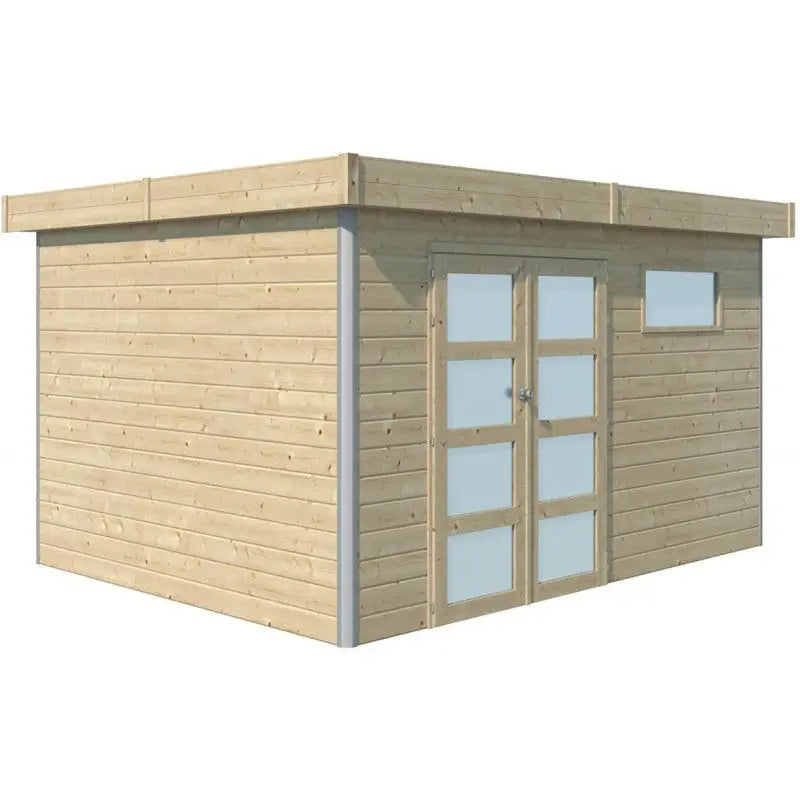 Abri Kasuko M 11,36m² en bois massif 28mm avec profils de coins en aluminium + porte et 2 fenêtres – Gardenas Ma boutique